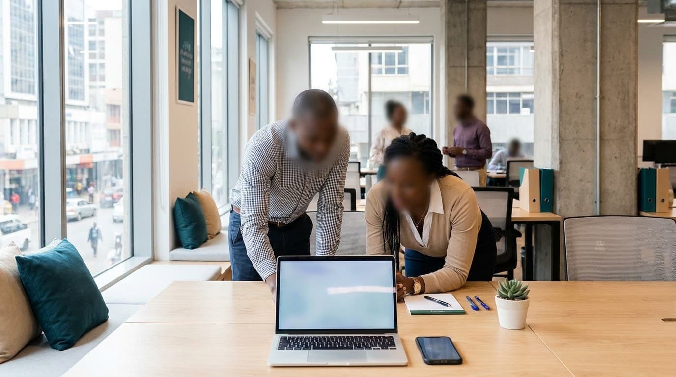 Two colleagues working together at a laptop in a Nairobi office